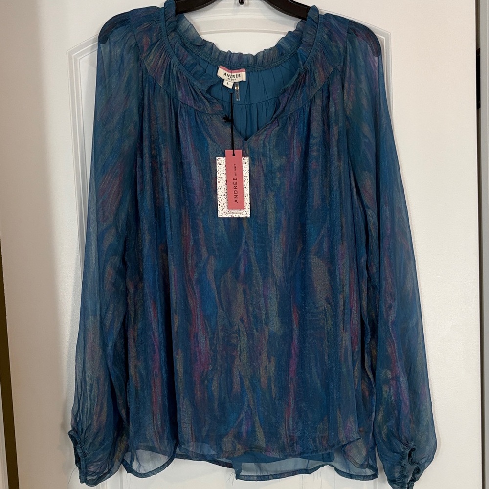 ANDREE BY UNIT Blue Iridescent Sheer Sleeve Blouse Large